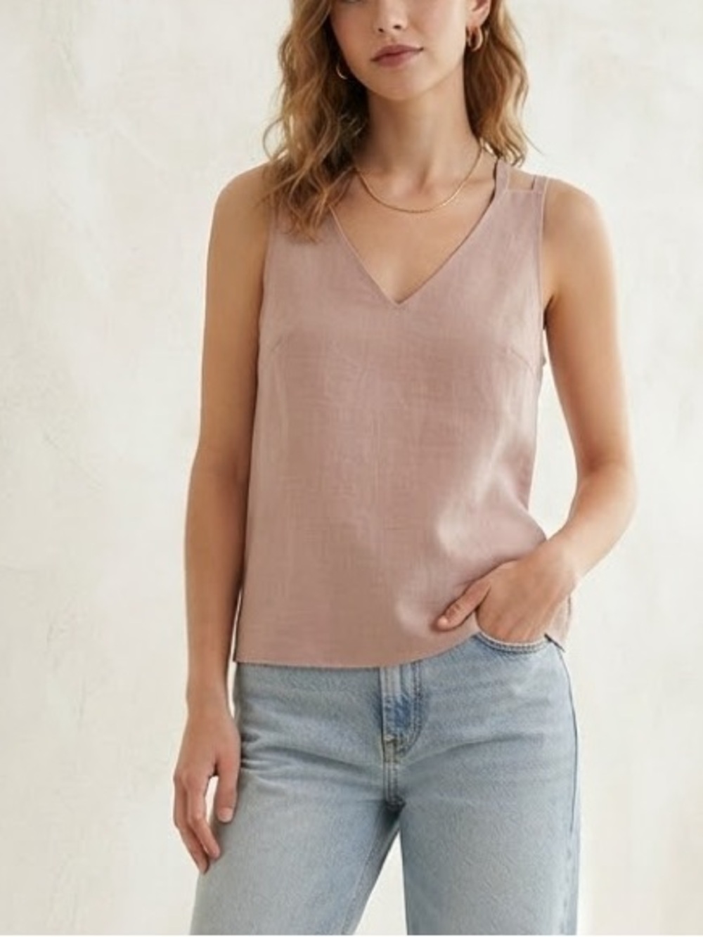 Women's Dusty Pink Rose V-Neck Linen Sleeveless Tank Top Shirt Size Medium
